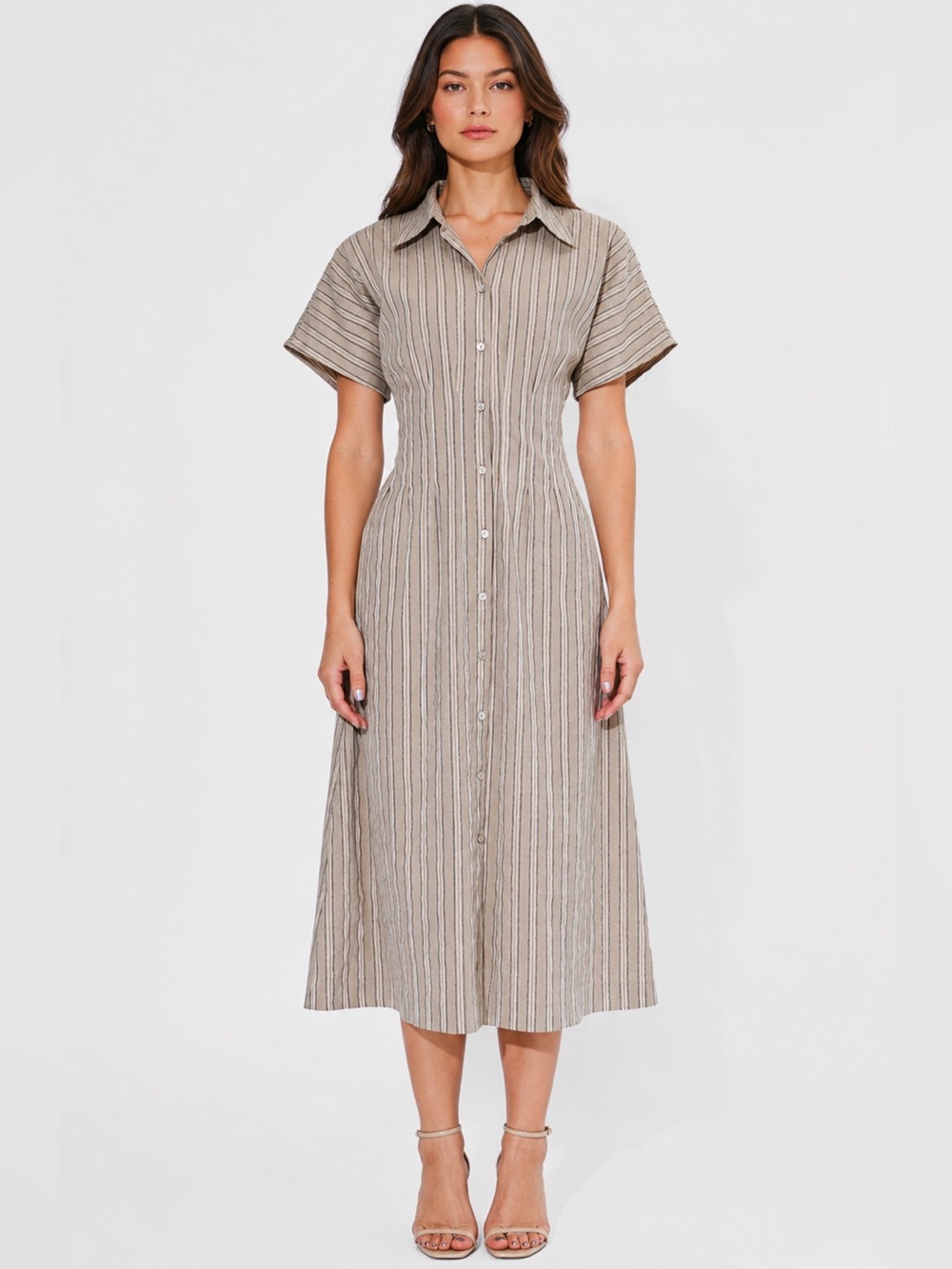 Adelyn Rae Audrey Stripe Cotton Blend Maxi Mocha Button Up Shirt Dress Large NWT